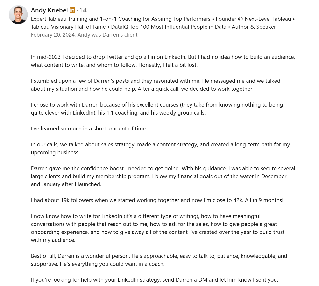 Andy Kriebel testimonial